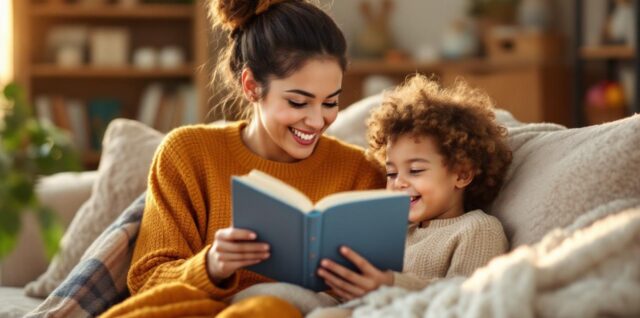 Une nounou souriante lit un livre à un enfant assis sur un canapé confortable dans un salon chaleureux, baigné d'une lumière douce et dorée, avec couvertures et jouets en arrière-plan.