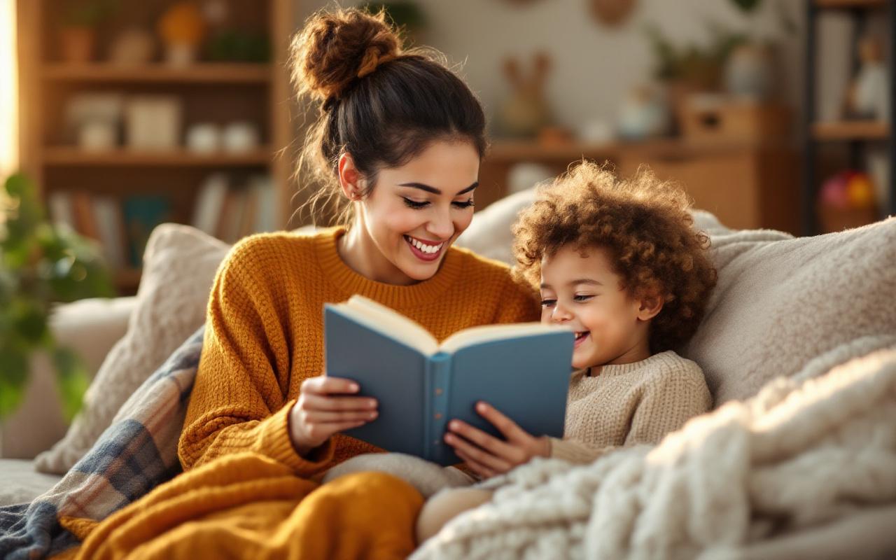 Une nounou souriante lit un livre à un enfant assis sur un canapé confortable dans un salon chaleureux, baigné d'une lumière douce et dorée, avec couvertures et jouets en arrière-plan.