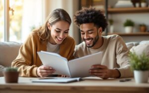 Un parent et un adolescent assis à une table du salon, feuilletant des brochures universitaires côte à côte, lumière chaude d'après-midi filtrant dans la pièce, ordinateur portable et documents visibles, ambiance calme et concentrée.