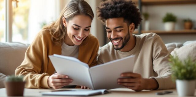 Un parent et un adolescent assis à une table du salon, feuilletant des brochures universitaires côte à côte, lumière chaude d'après-midi filtrant dans la pièce, ordinateur portable et documents visibles, ambiance calme et concentrée.