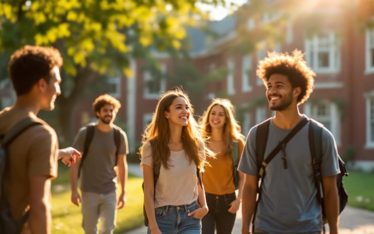 Groupe d'étudiants internationaux en visite guidée sur un campus universitaire, marchant dans une cour arborée devant un bâtiment en brique historique. Le guide pointe un endroit, les étudiants portent des sacs à dos, expressions naturelles, lumière chaude d'après-midi filtrant à travers les arbres.