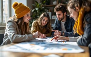 Des étudiants en commerce international échangent dans un campus parisien autour de cartes du monde et de graphiques, en discutant et en pointant des données sur une table.