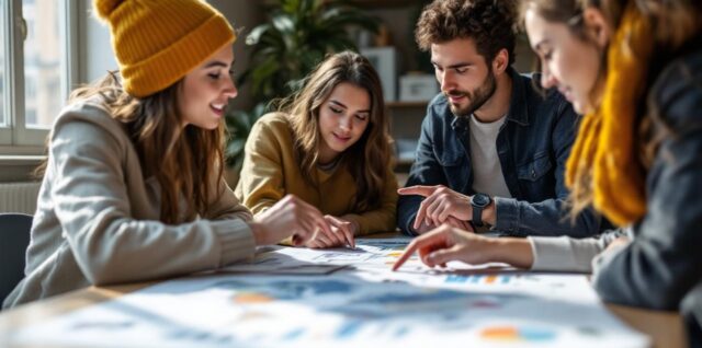 Des étudiants en commerce international échangent dans un campus parisien autour de cartes du monde et de graphiques, en discutant et en pointant des données sur une table.