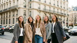 Des étudiants devant une école de commerce parisienne, ambiance urbaine élégante, sous une lumière naturelle.