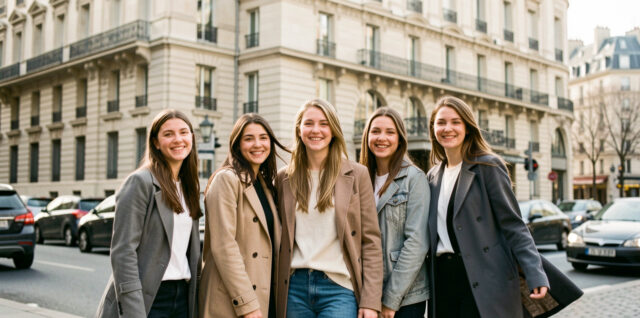 Des étudiants devant une école de commerce parisienne, ambiance urbaine élégante, sous une lumière naturelle.