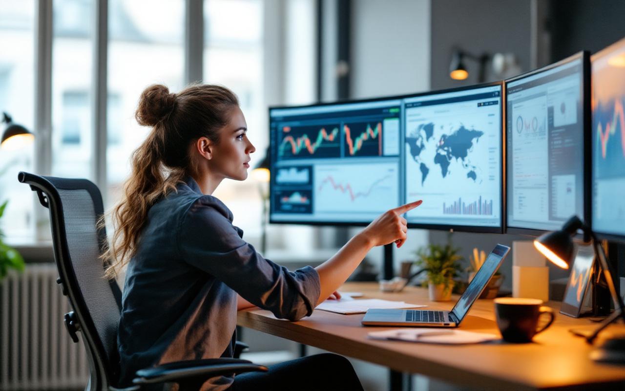Jeune femme analyste en entreprise à Paris, étudiant des données de supply chain et de marché international sur des écrans dans un bureau moderne.