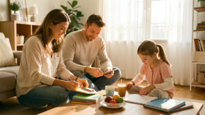 Une famille organisée en fin d’après-midi, avec une petite fille faisant ses devoirs près d’un goûter dans un intérieur lumineux et chaleureux.
