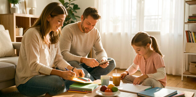 Une famille organisée en fin d’après-midi, avec une petite fille faisant ses devoirs près d’un goûter dans un intérieur lumineux et chaleureux.