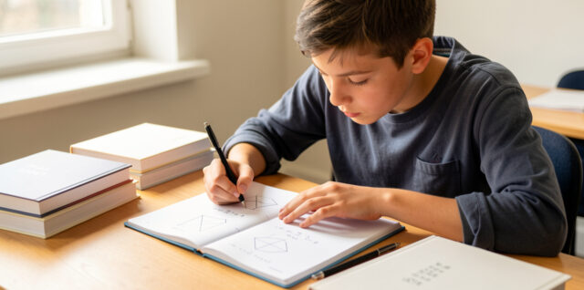Un lycéen concentré étudie un cahier ouvert avec des figures géométriques, entouré de livres de mathématiques aux couvertures vierges, sur un bureau éclairé par la lumière naturelle.