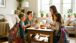 Une mère accueille un garçon et une fille après l’école dans un salon lumineux, avec un goûter et leurs cartables posés près d’une table.