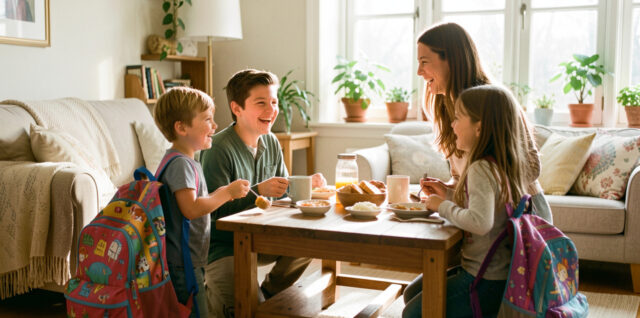 Une mère accueille un garçon et une fille après l’école dans un salon lumineux, avec un goûter et leurs cartables posés près d’une table.