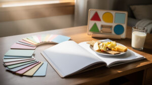 Table de devoirs à la maison après l’école, avec livres ouverts, matériel d’éveil et une collation lumineuse près de la fenêtre.