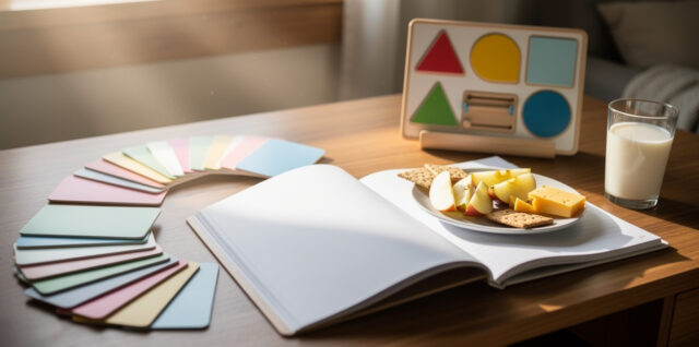 Table de devoirs à la maison après l’école, avec livres ouverts, matériel d’éveil et une collation lumineuse près de la fenêtre.