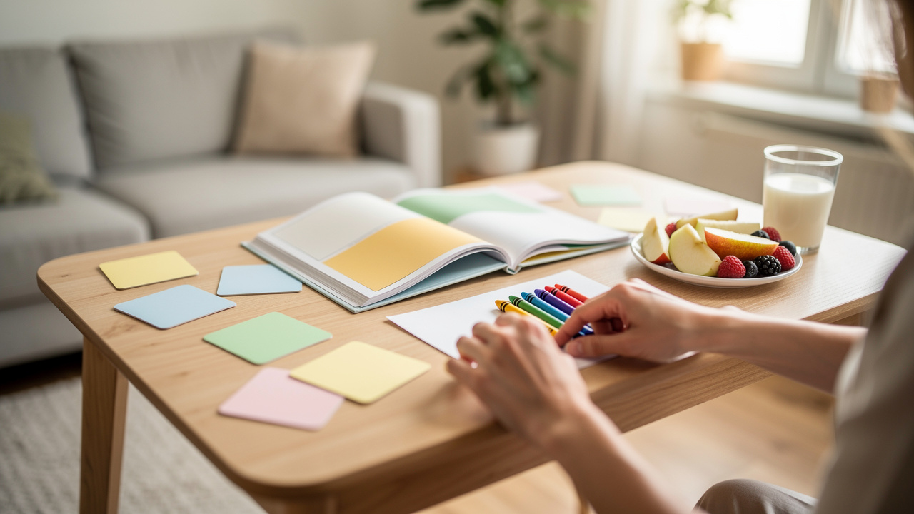 Table de devoirs à la maison après l’école avec livres ouverts, collation sur un petit plateau et activité d’éveil pour apprendre dans une ambiance lumineuse.