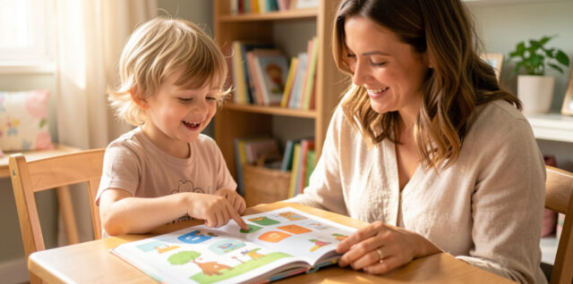 Une mère accompagne avec douceur un jeune enfant de quatre ans dans une activité de lecture ludique et rassurante.