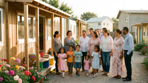 Une école temporaire accueille chaleureusement des enfants accompagnés de leurs parents dans une zone en reconstruction.