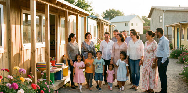 Une école temporaire accueille chaleureusement des enfants accompagnés de leurs parents dans une zone en reconstruction.