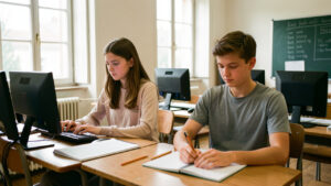Deux adolescents de 15 ans réalisent calmement une évaluation sur des ordinateurs dans une salle de classe française lumineuse et réaliste.