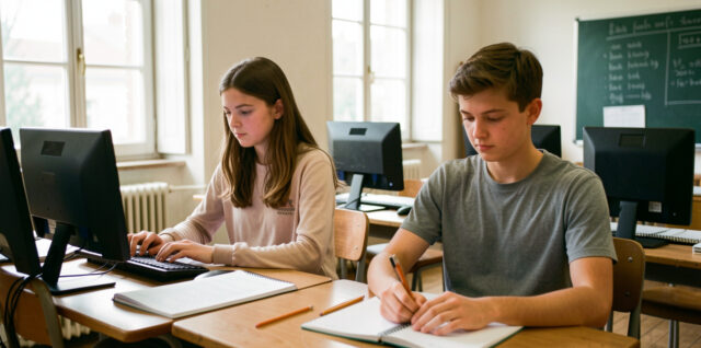 Deux adolescents de 15 ans réalisent calmement une évaluation sur des ordinateurs dans une salle de classe française lumineuse et réaliste.