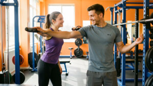 Une jeune éducatrice sportive accompagne un jeune homme lors d’un exercice de préparation physique dans une salle de sport.