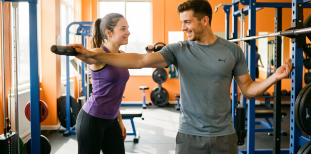 Une jeune éducatrice sportive accompagne un jeune homme lors d’un exercice de préparation physique dans une salle de sport.