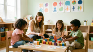 Illustration douce et réaliste d’une classe de maternelle inclusive, avec une enseignante et quatre enfants de divers horizons réunis en petits groupes autour d’activités, ainsi qu’un emploi du temps mural composé de pictogrammes colorés sans texte.