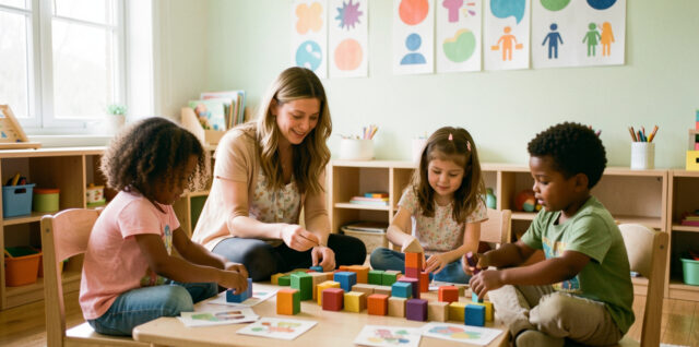 Illustration douce et réaliste d’une classe de maternelle inclusive, avec une enseignante et quatre enfants de divers horizons réunis en petits groupes autour d’activités, ainsi qu’un emploi du temps mural composé de pictogrammes colorés sans texte.