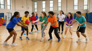 Des adolescentes et des adolescents aux profils variés pratiquent ensemble une activité sportive dans un gymnase lumineux, accompagnés par une enseignante attentive.