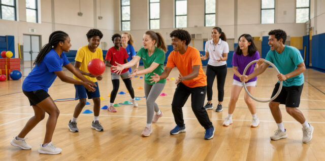 Des adolescentes et des adolescents aux profils variés pratiquent ensemble une activité sportive dans un gymnase lumineux, accompagnés par une enseignante attentive.