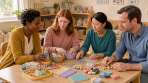Équipe de professionnels de la petite enfance en formation autour d’une table garnie de jeux éducatifs, dans une ambiance chaleureuse de crèche.