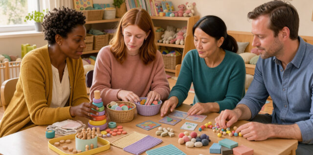 Équipe de professionnels de la petite enfance en formation autour d’une table garnie de jeux éducatifs, dans une ambiance chaleureuse de crèche.